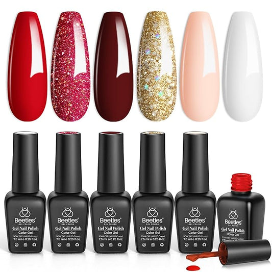 Beetles Gel Nail Polish Set 6 Colors White Red Gold Glitter Nude Brown Gel Polish Long Lasting Soak Off UV LED Nail Art Gifts for Women Romantic Sentiment