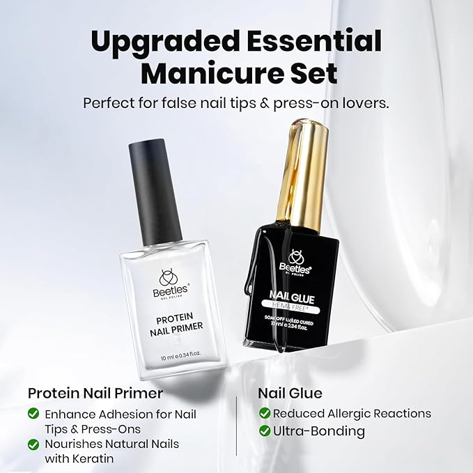 Beetles HEMA-Free Nail Glue & Primer Set, 2Pcs 10ml Super Strong 9 in 1 Nail Glue Gel and Bond Primer for Acrylic Fast Dry Supplies, Long-Lasting Professional Kit, U V Light Required