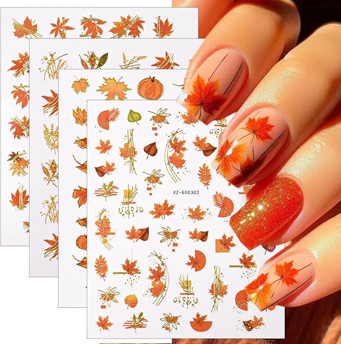 6 Sheets Gold Fall Nail Stickers Autumn Maple Leaf Nail Decals Cute Pumpkin Fox Ginkgo Fallen Leaves Nails Designs 3D Self-Adhesive Thanksgiving Nails Art Supplies for Women DIY Manicure Decorations