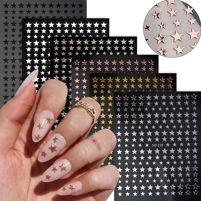 6 Sheets Star Nail Art Stickers Decals Gold Silver Star Nails Stickers for Nail Art Self-Adhesive Black White Laser Nail Decals