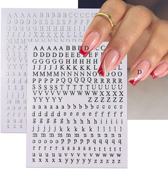 Letters Nail Art Stickers English Alphabet Nail Decals 3D Self-Adhesive Metallic Gold Silver Nail Sticker Black Alphabet Nail Art Supplies for Women Girls DIY Nail Decoration Manicure 8 Sheets