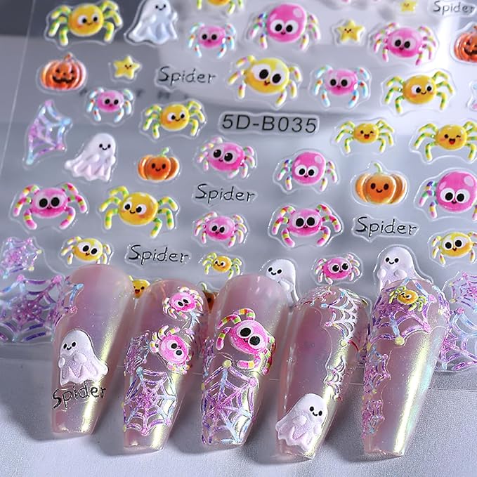 3 Sheets Halloween Nail Stickers for Nail Art 5D Embossed Skull Spider Web Bat Cute Ghost Pumpkin Nail Art Stickers Self Adhesive Star Moon Nail Design Holiday Nail Decals for Acrylic Nails Decor