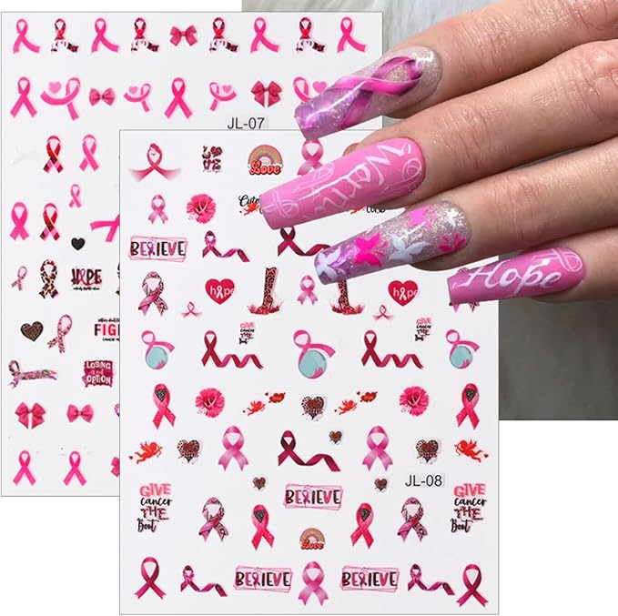 Pink Ribbon Breast Cancer Awareness Nail Stickers - 3D Self-Adhesive Pink Flower Angel Decals for Women & Girls (6Pcs)
