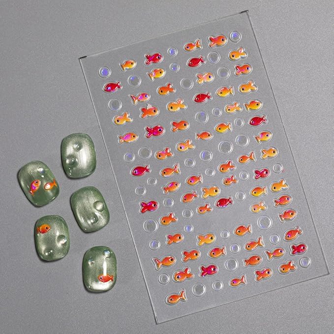 2 Sheets Red Fish Nail Art Stickers, 5D Embossed Jelly Bubble Goldfish Nail Decals Self Adhesive Koi Fish Design Manicure Sticker for Women Girls Summe Nail Accessories