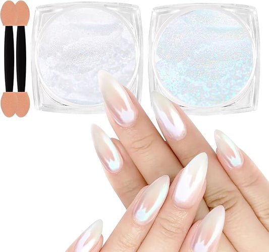 Allstarry White Pearl Chrome Nail Powder, 2 Colors Aurora Powder Metallic Mirror Effect Glitter Powder Pearlescent Ice Transparent Mermaid Pigment Dust for Gel Polish Nail Art- White Pearl Peacock