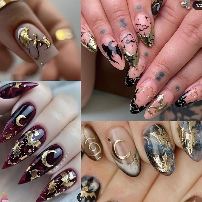 6 Sheets Halloween Nail Stickers Metal Flying Dragon Glitter Bat Nail Art Stickers Decals 3D Self Adhesive Nail Decals Glitter Bat Designs Nail Art Supplies Halloween Stickers for Nails for Women DIY