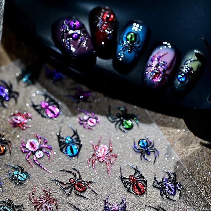 5D Spider Halloween Nail Stickers for Nail Art 3D Glitter Spider Web Nail Decals 1 Sheets Colorful Relief Spider Nail Art Designs Festive Embossed Adhesive Sliders Decal DIY Manicure Decor for Women