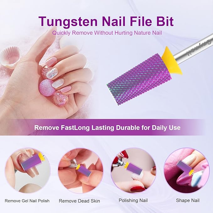 Cnynail 3/32" Large Tapered Barrel Flat Bit Tungsten Carbide Nail Drill Bit Safety Bit for Gel & Acrylic Removal, 2- Way Rotating Efile Tip, Salon Electric File Accessory (XF Girt, Purple)