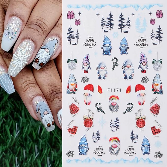 5 Sheets Christmas Nail Art Stickers Elk Nail Decals with Cartoon Xmas Tree Santa Claus Snowman Design 3D Self-Adhesive Nail Stickers Acrylic Nail Supplies for Women DIY Christmas Decorations