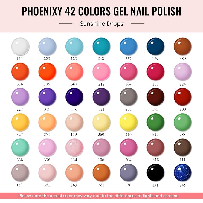 phoenixy 50 Pcs Gel Nail Polish Set, 42 Colors Gel Nail Polish Kit with Base & Top Coat Pink Red White Nail Polish Starter Kit Gifts for Women Girls
