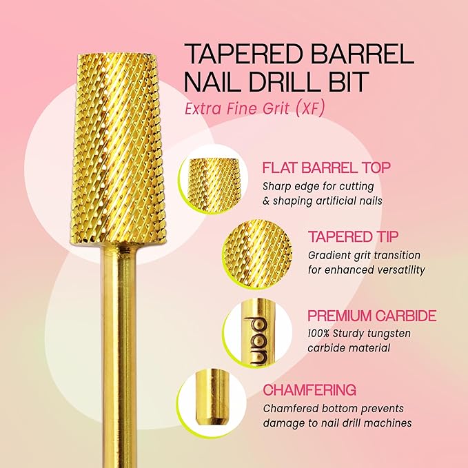 PANA Tapered Barrel Carbide 3/32" Shank Size - (Gold, Extra Fine Grit) - Fast remove Acrylic or Hard Gel Nail Drill Bit for Manicure Pedicure Salon Professional or Beginner