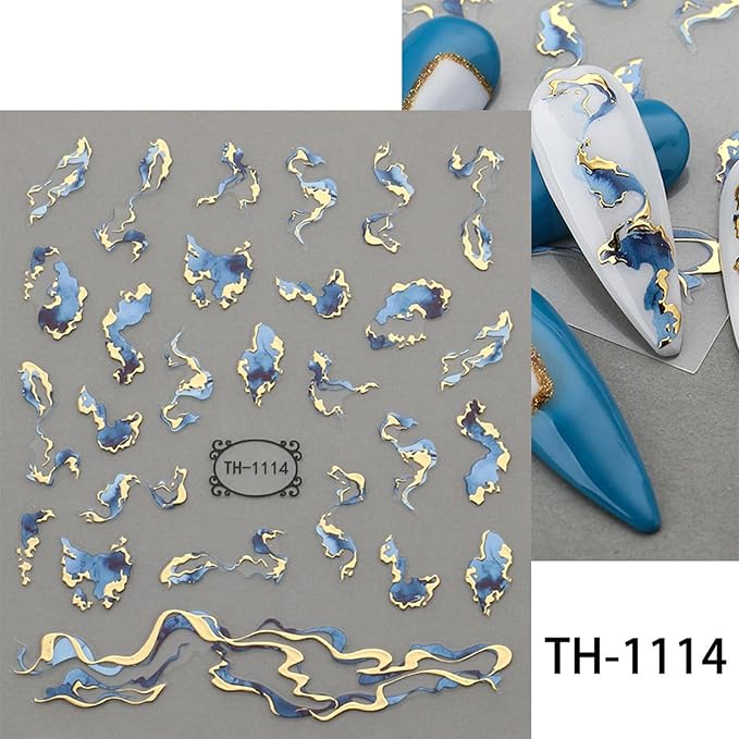 9 Sheets Marble Nail Stickers Flower Nail Art Stickers 3D Self-Adhesive Silver Gold Nail Decals Abstract Leaf Line Nail Designs for Women Nail Art Supplies Decoration, Style-a