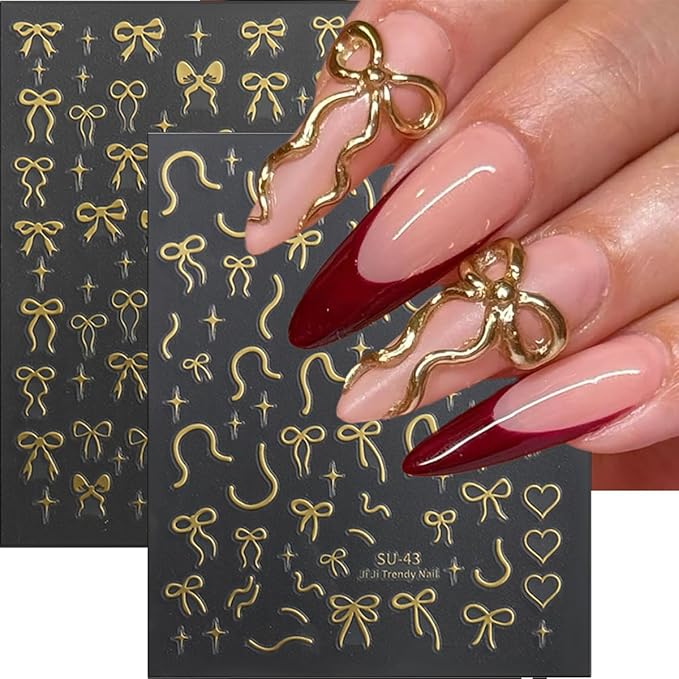 6Sheets Bow Nail Stickers for Nail Art Glitter Red Gold Bows Nail Decals Aurora Cute Nail Art Stickers 3D Self Adhesive Nails Design Charms Supplies for Women Girls Manicure Decorations