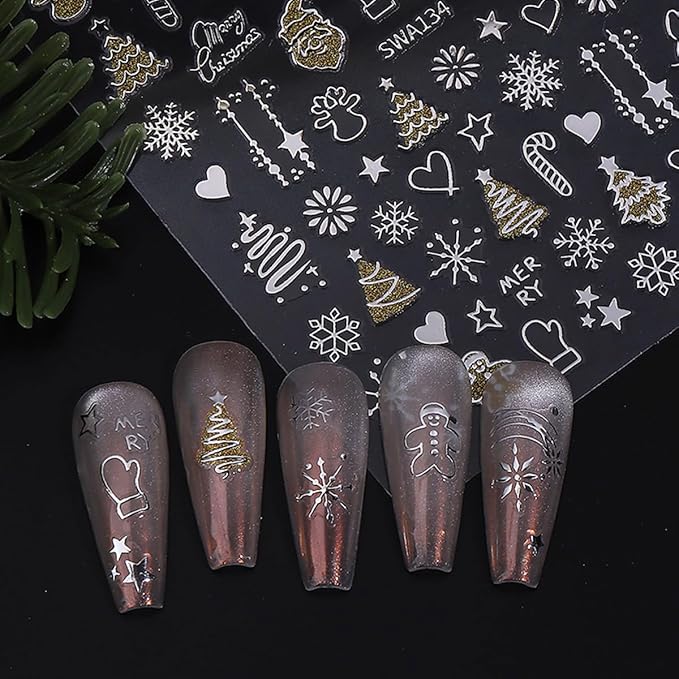 3 Sheets Christmas Nail Art Stickers Snowflake Nail Decals with Xmas Tree Elk Lanterns Design 3D Self-Adhesive Nail Stickers Acrylic Accessories Nail Supplies for Women DIY Christmas Decorations