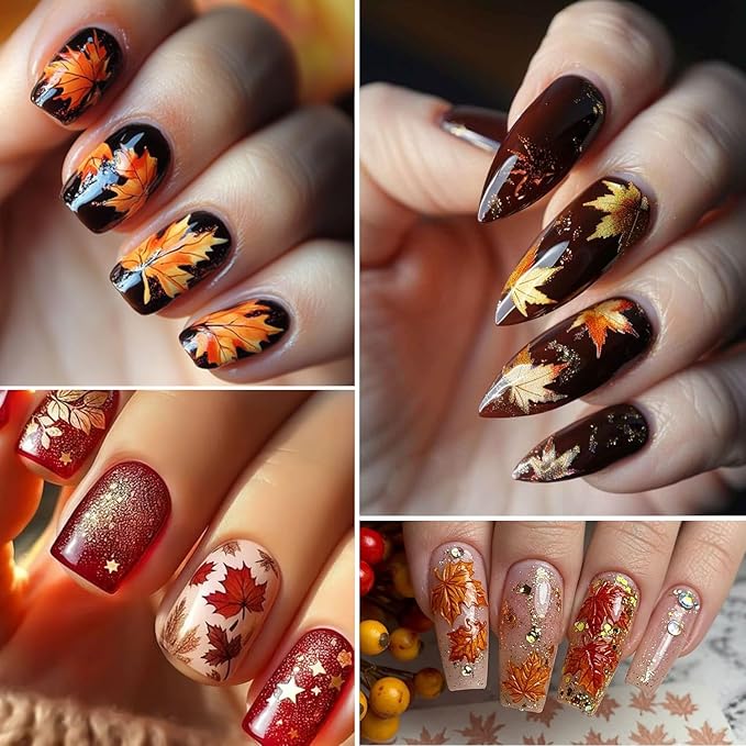 1Sheet Autumn Maple Leaves Nail Art Stickers 5D Embossed Thanksgiving Nails Decals Self Adhesive Fiery Red Maple Leaf Nail Sticker with Glitter Designs Nail Decal for Women Nails Decoration Supplies