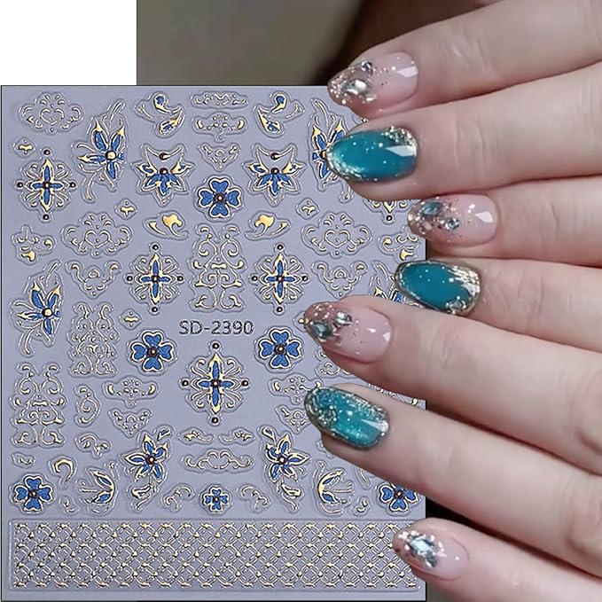 3 Sheets Bohemian Nail Stickers 5D Embossed Vintage Dunhuang Nail Decals Chinese Style Nationality Gems Flower Nail Art Stickers Bronzing Nail Design Supplies for Women DIY Luxury Manicure