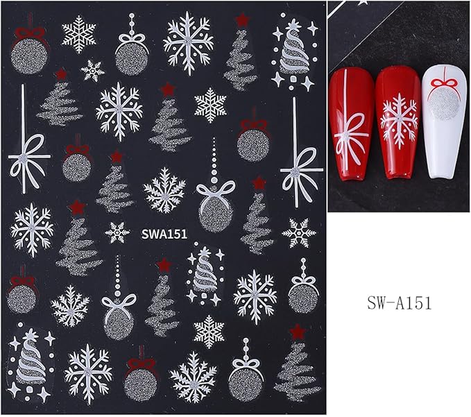 3 Sheets Christmas Nail Art Stickers Snowflake Nail Decals with Xmas Tree Elk Lanterns Design 3D Self-Adhesive Nail Stickers Acrylic Accessories Nail Supplies for Women DIY Christmas Decorations