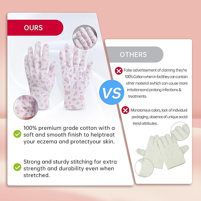 HandLove Premium 100% Cotton Gloves | Moisturizing Gloves for Dry Hands & Eczema | Overnight Sleeping Gloves, Eczema Gloves | Cute Pink Dots, 12 Pairs