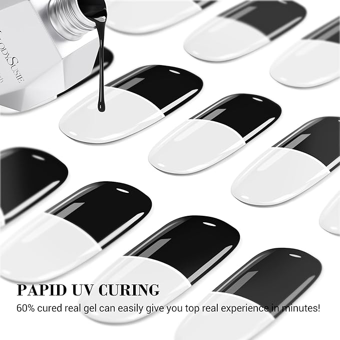 MelodySusie Semi Cured Gel Nail Strips (Micro Black French Tip), Works with Nail Lamp, Salon Quality, Long Lasting, Easy to Apply and Remove, Includes 20Pcs, 2 Prep Pads, Nail File and Wooden Stick