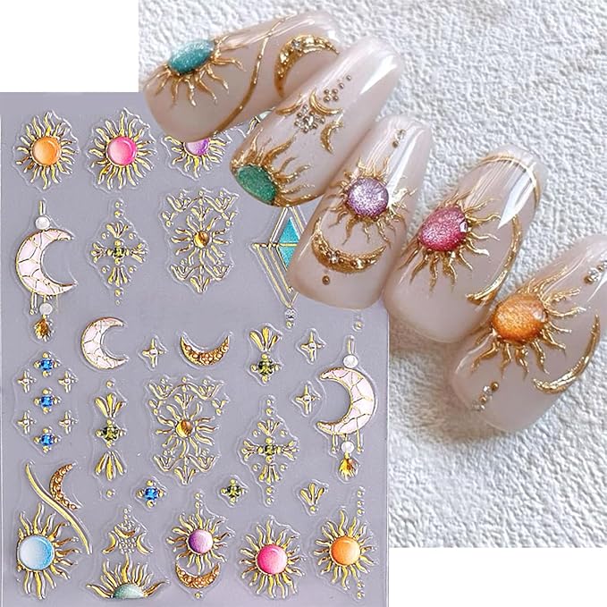 2 Sheets Bohemian Style 5D Embossed Nail Stickers for Nail Art Self-Adhesive Star Moon Sun Nail Decals Colorful Glitter Gems Nail Design Stickers Bohemia Nails Art Supplies for Women Manicure Tips