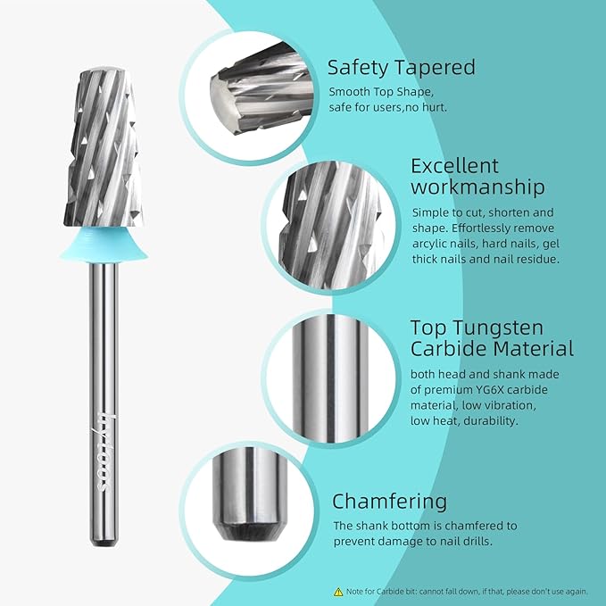 Safety Tapered Nail Drill Bits, 4XC Uncoated Smooth Top Barrel Nail Bit, 3/32 Two-way Carbide Drill Bits for Nails, Electric Drills Accessories Removal Manicure Arylic Powder