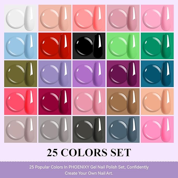 Phoenixy Gel Nail Polish 25+5 PCS Gel Nail Polish Kit with Black White Pink Blue Purple Suitable for All Seasons for Women
