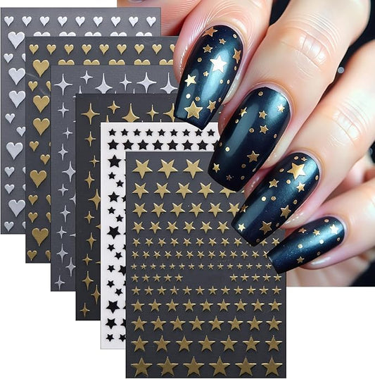 6 Sheets Heart Shaped Nail Art Stickers 3D Laser Star Shape Nail Stickers Self-Adhesive Gold and Silver Heart Shape Design Decals Four Pointed Star Women's Nail Decoration