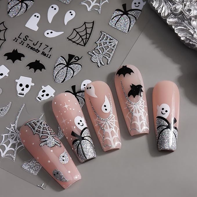Halloween Nail Stickers Glitter Ghosts Pumpkins Spider Web Nail Decals 6PCS Self-Adhesive Halloween Nails Design Sticker Fall Nail Accessories Holiday Nail Art Supplies for Women Manicure Accessories