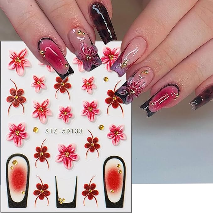 3Pcs Summer Flower Nail Art Stickers Decals 5D French Tip Nail Stickers Floral Nail Decals Colorful Flowers Nail Design Stickers Spring Cherry Blossom Nails Supplies for Women DIY Manicure Decor