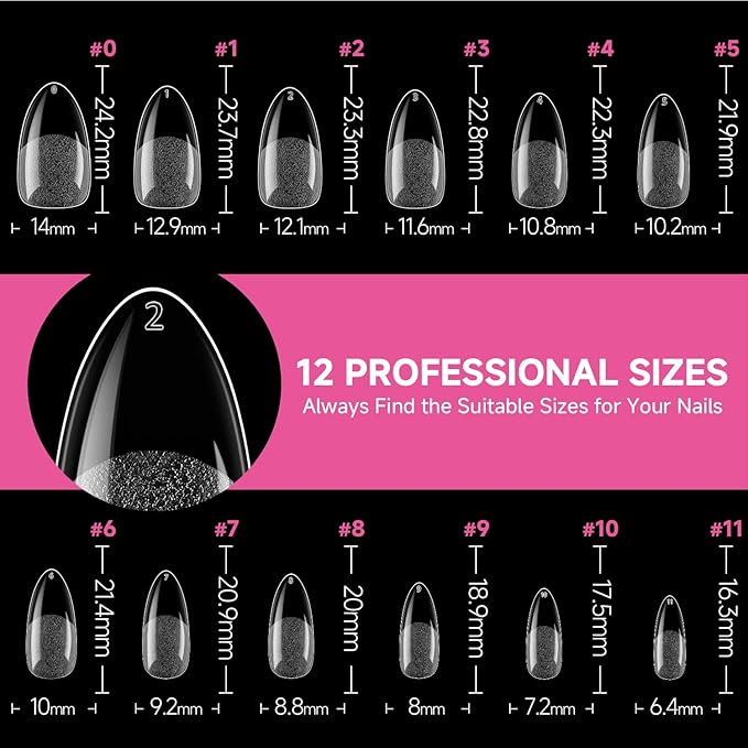 UNA GELLA Medium Almond Nail Tips, 312pcs Almond Gel Nails Tips Shape Pre Etched Full Cover Clear Fake Acrylic Pointed Press On Nails No C Curve for Nail Extension Art DIY Salon 12 Sizes