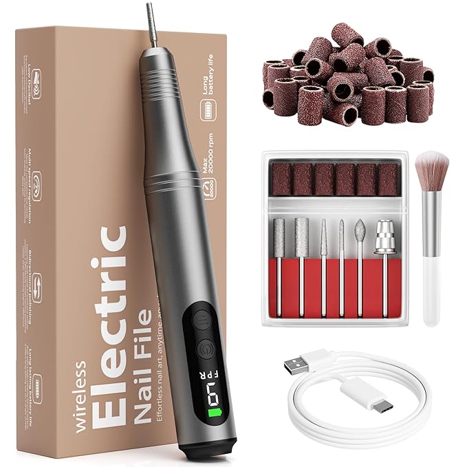 Cordless Electric Nail Drill Kit Professional Portable Electric Nail File Set Machine for Acrylic Gel Nails,Toenail Hand Feet Care,9 Speed with LED Display Ideal Gift for Men and Women-DeepGrey