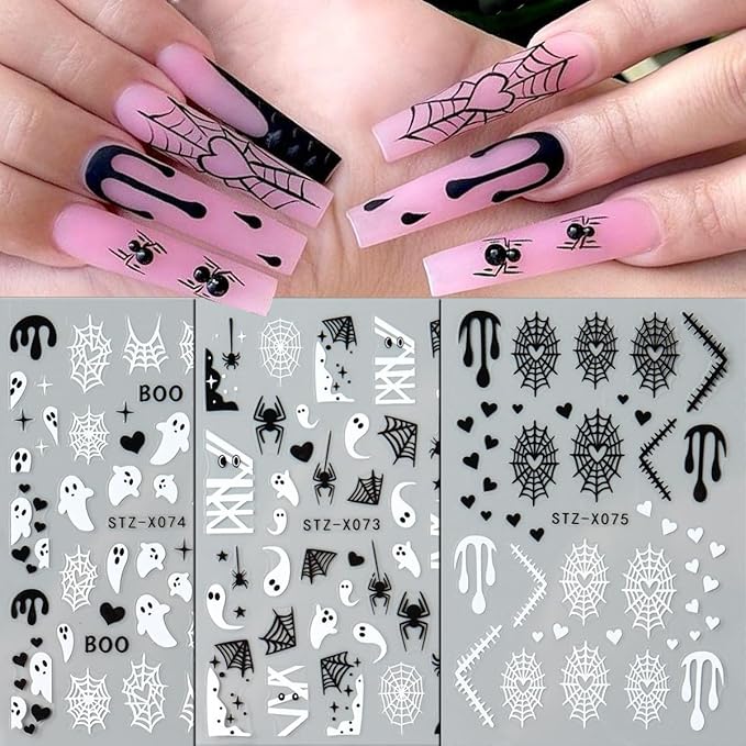 6Pcs Halloween Nail Stickers 3D Spider Web Nail Decals DIY Self Adhesive Ghost Cobweb Nail Design Halloween Nail Decoration Supplies Holiday Manicure Accessories for Women Girls
