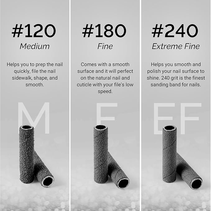MelodySusie 50 Pcs Nail Drill Bits Super Long Small Sanding Bands with 3.1mm Crystal Mandrel Bit, 240 Extreme Fine Grit Nail File for Acrylic Nails Gel Manicures and Pedicure, Black