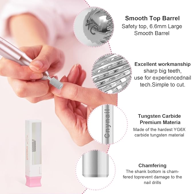 3/32" Large Barrel Smooth Round Top Tungsten Carbide Nail Drill Bit Safety Bit for Gel & Acrylic Removal, 2-Way Rotating Efile Tip, Salon Electric File Accessory (XC Grit, Silver)