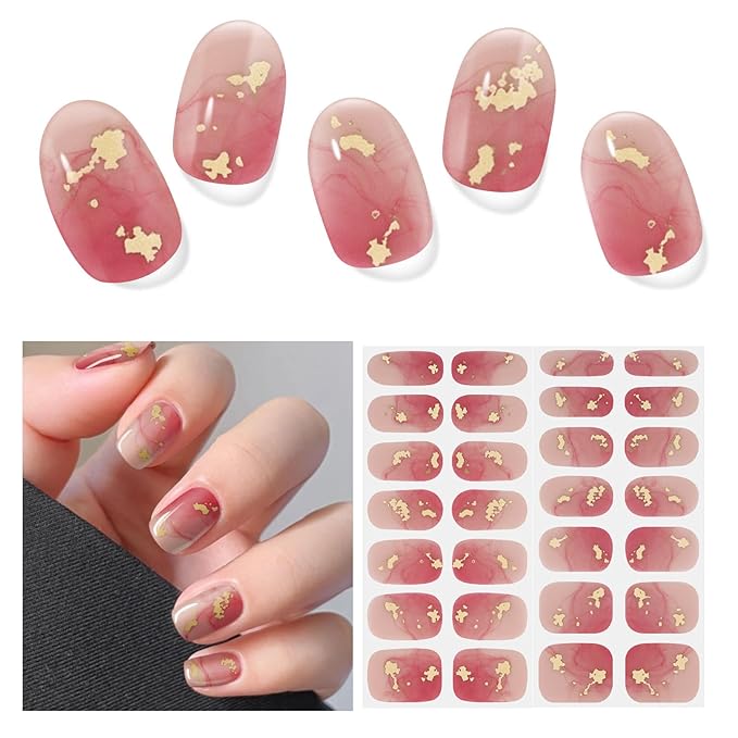 Semi Cured Gel Nail Strips,28 Pcs Gel Nail Stickers Wraps(Gilded Red),UV Stickers with UV Light/Lamp,Long Lasting,Easy to Apply
