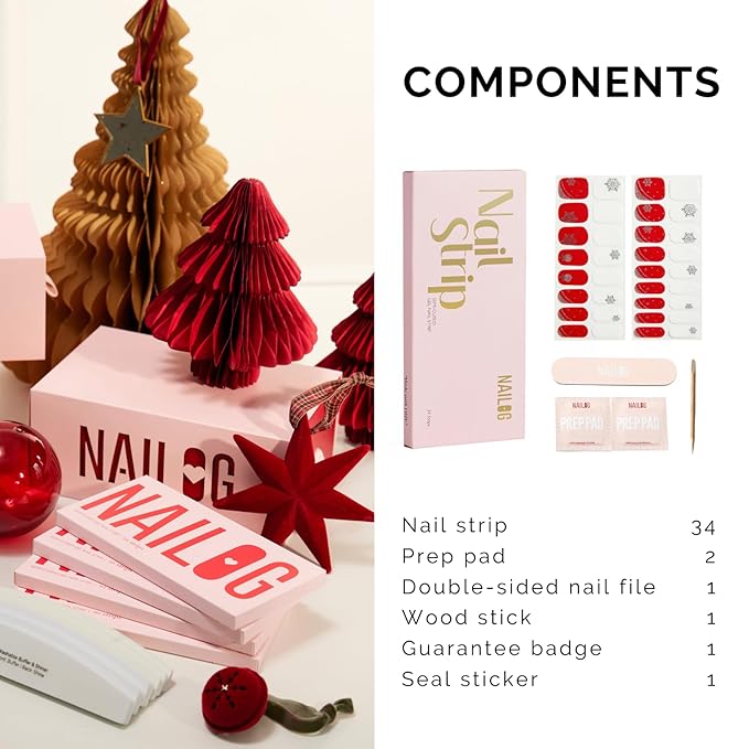 Semi Cured Gel Nail Strips - NAILOG 34 Pcs Gel Nail Stickers for Christmas Day | Buy 2 Get 1 UV Light | Long Lasting Nail Wraps with Glossy Gel Finish Red, Holly Jolly