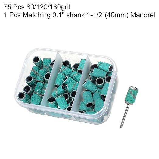 HARFINGTON 76pcs Small Sanding Bands 80/120/180 Grit for Nail Drill Bits Mini Sanding Band with 2.35mm Mandrel for Nails Gel Manicures Green