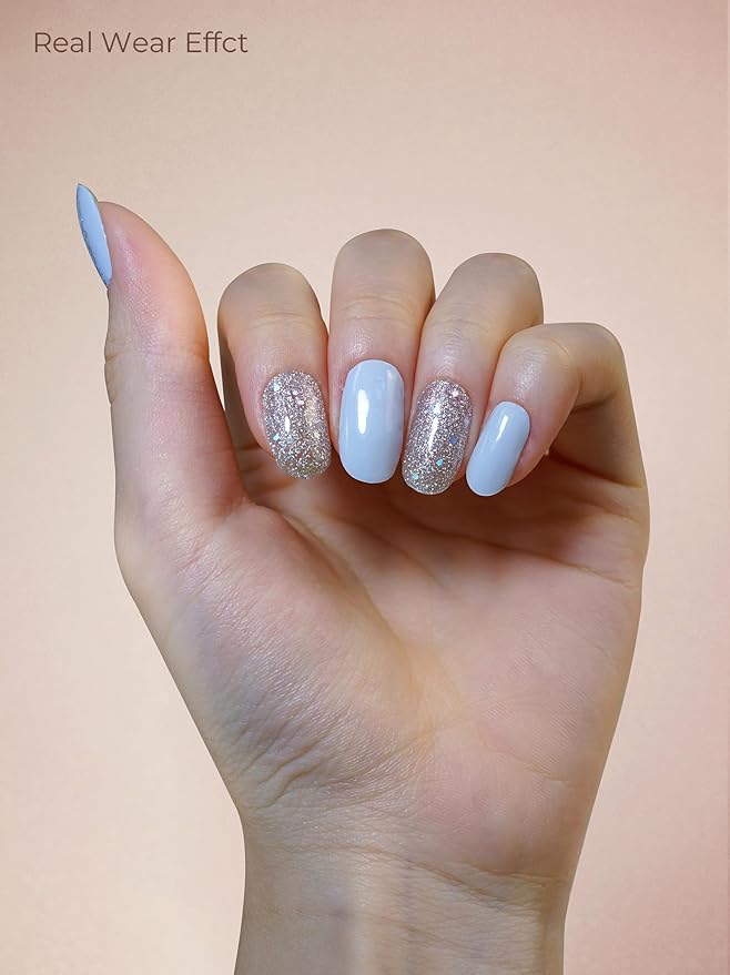 Pre Cured Gel Nail Strips - 44PCS Salon Quality Gel Nail Stickers - Long Lasting Polish Wraps for Women no UV Light Needed Easy Apply& Remove (Unicorn Silver Magic）