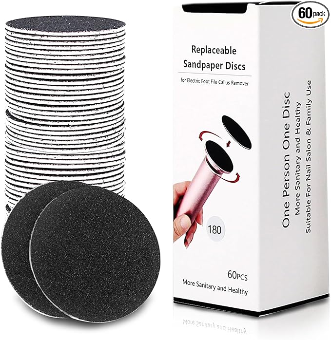 60 Pcs Replaceable Sandpaper Refill Discs for Electric Foot File Callus Remover Foot Care Dead Skin Cracked Hard Skin Removal (Fine 180 Grit)