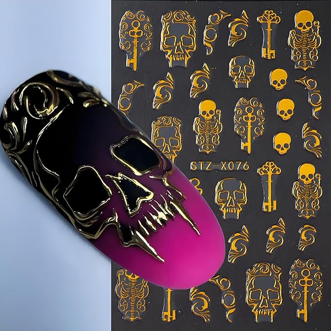 4Pcs Halloween Nail Stickers Gold Skull Nail Decals 3D DIY Self Adhesive Nail Design Sticker Halloween Nail Decoration Supplies Holiday Manicure Accessories for Women Girls