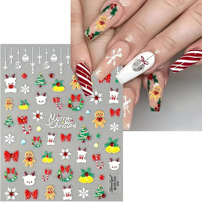 3 Sheets Christmas 5D Embossed Nail Art Stickers - White Snowflake & Santa Claus Nail Decals for Winter