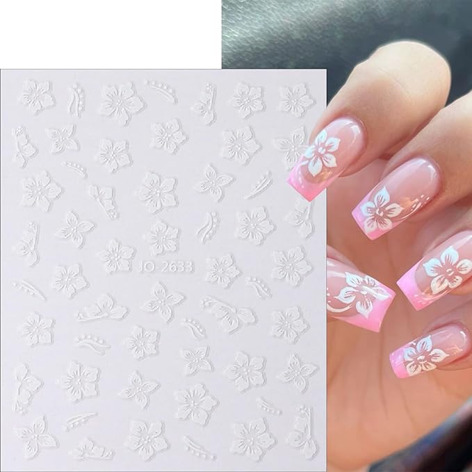 8Sheets Color Flower Nail Stickers 3D Hollow Out Hibiscus Nail Decals Pink Yellow White Floral Designs Summer Cute Flowers Decals Pegatinas Uñas for Women Girls DIY Manicure Decoration Accessories