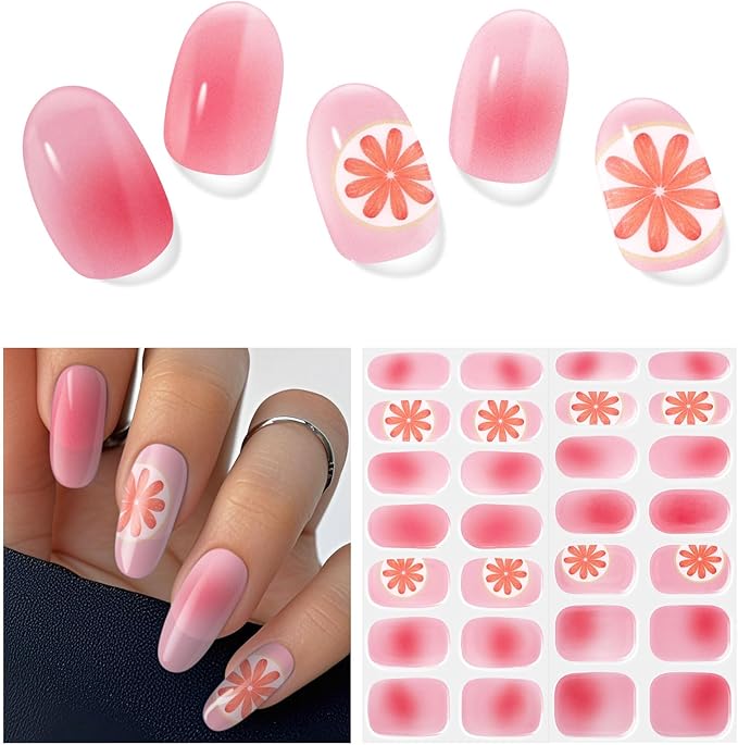 Semi Cured Gel Nails Strips, 28 pcs Gel Nail Stickers Work with Any UV Lamp, Nail Wraps for Women Girls Home DIY Nails Art (Summer Ice Orange)