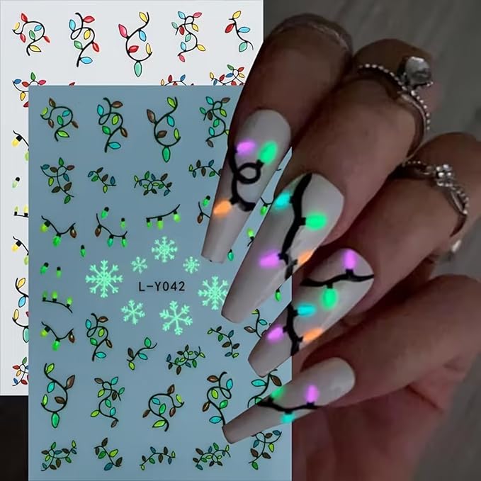 6PCS Christmas Nail Art Stickers Luminous Christmas Nail Decals Xmas Tree Light String Nail Art Supplies 3D Self-Adhesive Nail Stickers Colorful Light Nails Accessories for Women Xmas Nails Decoration