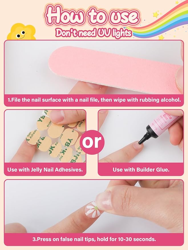 EBANKU 26 Pcs Kids Press on Nail Short, Floret Grid Fake Nails for Girls 5-12 Years False Nails Kit with Nail Glue, Full Cover Stick on Nails Tip for Child
