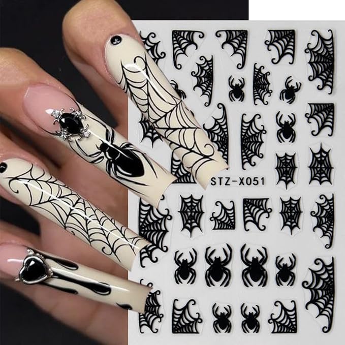 6Pcs Halloween Nail Art Stickers Decals Black Red Spider Nail Stickers with Rhinestones Design Heart Spider Web Nail Decals 3D Bat Blood Moon Star Horror Halloween Stickers for Women Manicure Supplies