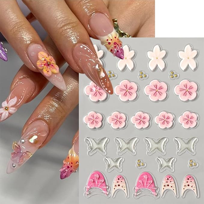 4 Sheets Flower Nail Art Stickers 5D Embossed Colorful Spring Summer Nail Sticker Self Adhesive Five-Petaled Floral with Gold Beads Glitter Design Floral Nail Decals for Women and Girls DIY Nails