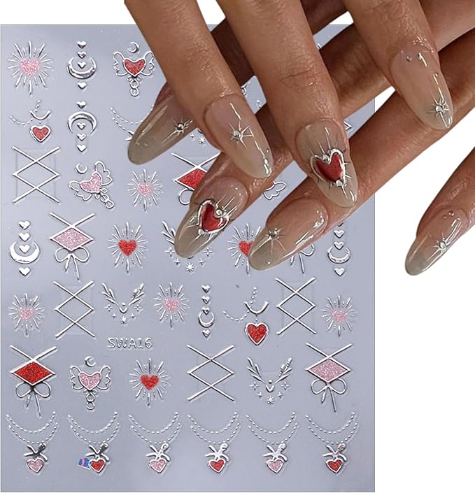 8 Sheets Gold and Silver Heart Shape Nail Art Stickers 3D Moon Sun Star Nail Stickers Self-Adhesive Retro Gold and Silver Clouds Little Stars Design Women DIY Nail Manicure Decoration