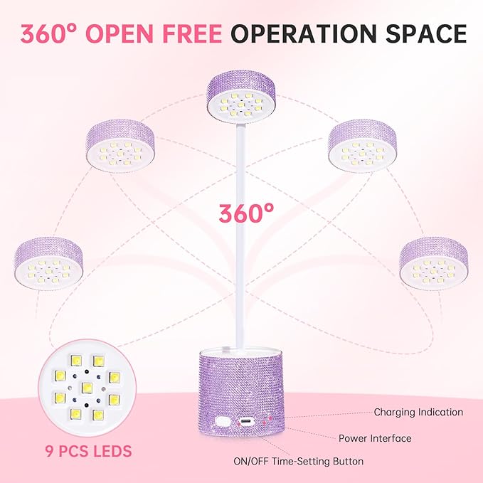 UV LED Nail Lamp, Mini UV Light for Gel Nails Polish, Rechargeable LED Flash Cure Nail Dryer, Quick Drying Goosenecks UV Nail Lamp for Home Nail Salon DIY Manicure, Purple Diamond