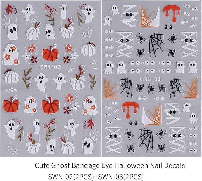 Halloween Nail Art Stickers Decals 5D Embossed Halloween Nail Decals 4PCS Ghost Bandage Eye Ball Spider Web Pumpkin Nails Design Adhesive Stickers Manicure Supply for Women DIY Nail Art Decorations